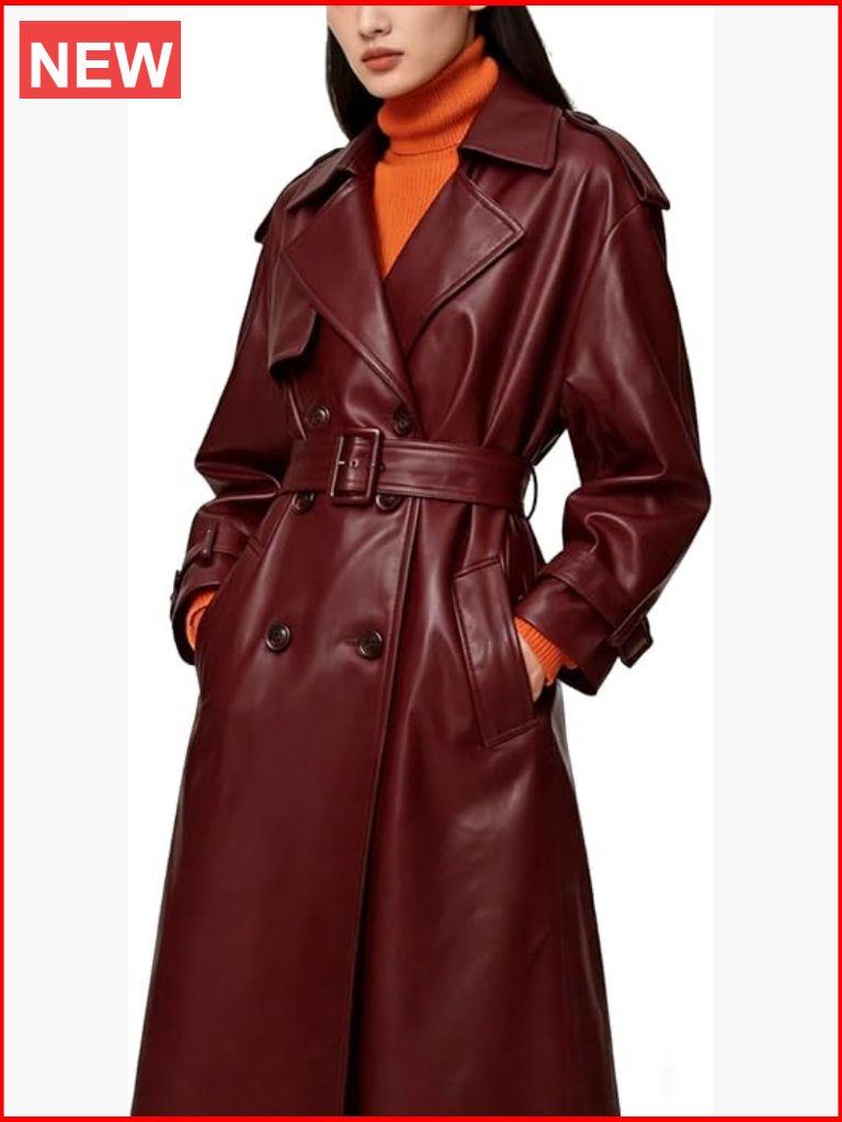 Faux Leather Double Breasted Belted Trench Coat Long Pu Jacket Fall Winter